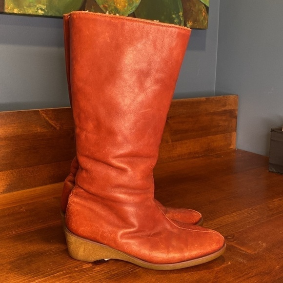 Eddie Bauer Vintage leather shearling winter tall boots wedge heel Sz 9 Rust - Picture 5 of 17